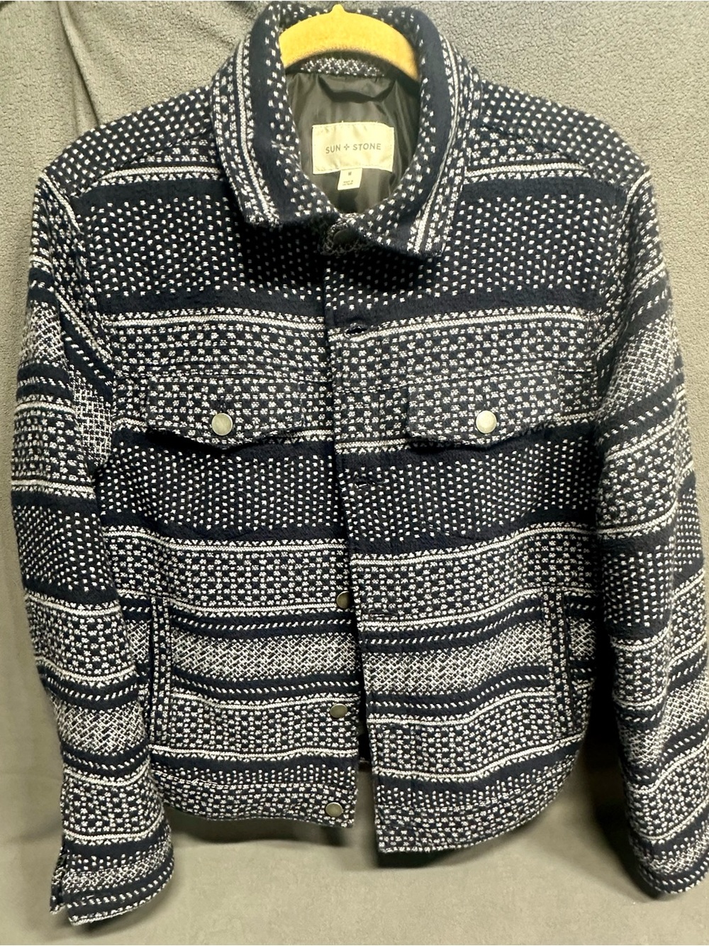 Sun + Stone Navy and White Patterned Snap-Front Shirt Jacket